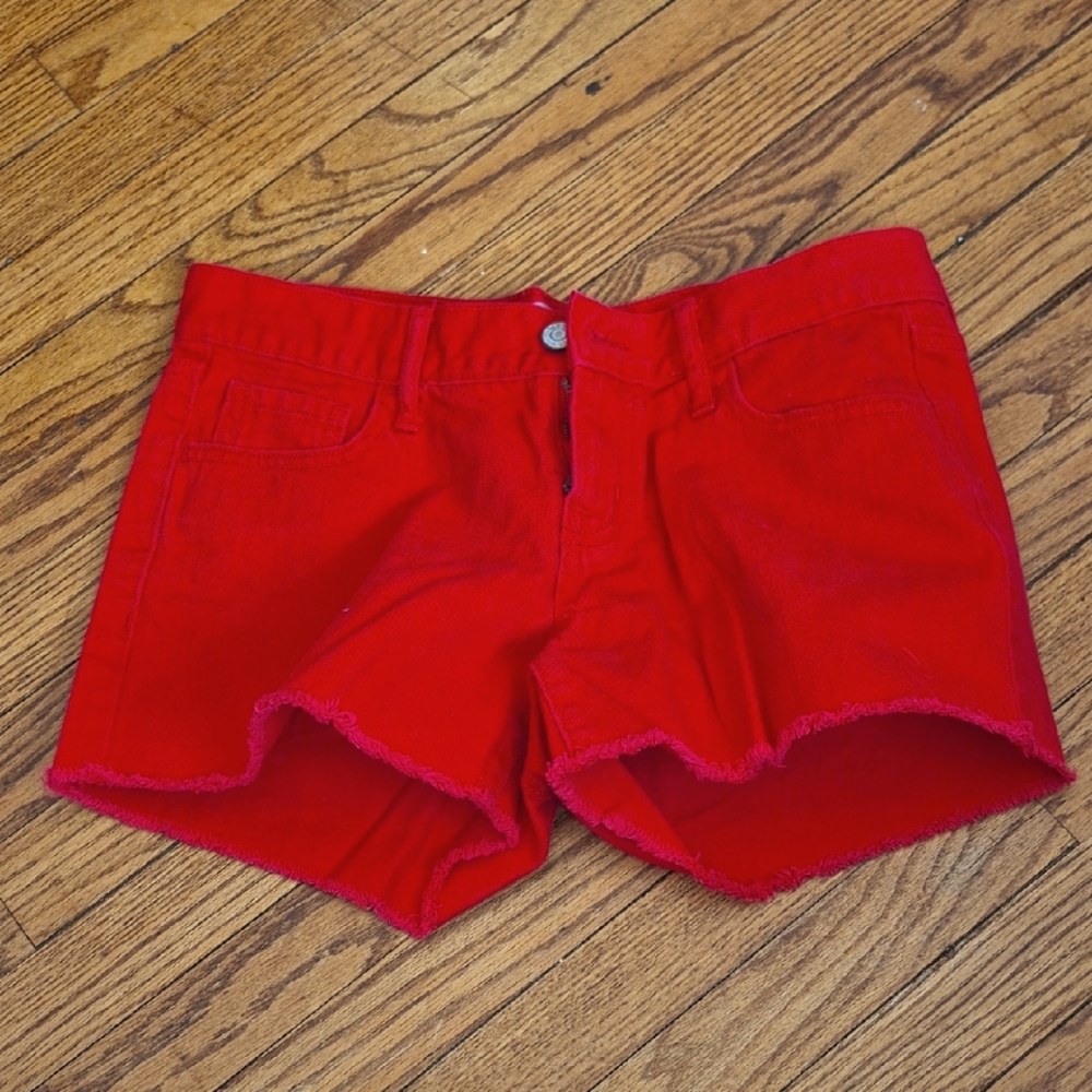 Old Navy Tomato Red Raw Hem Denim Shorts Size 2 Booty Short 100% Cotton Coquette